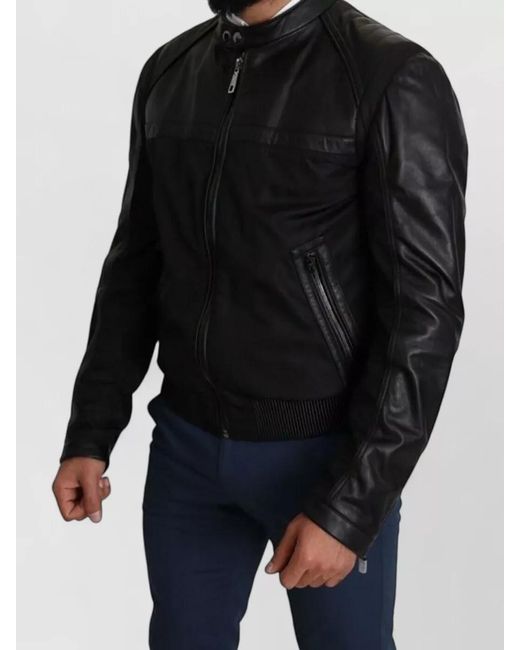Dolce & Gabbana Black Leather Nylon Bomber Jacket for men