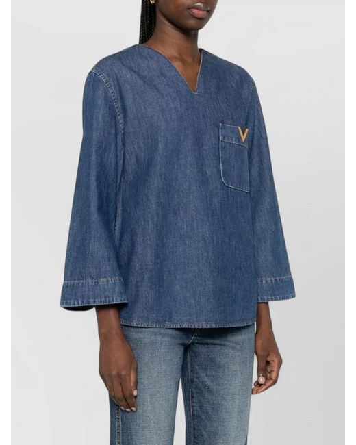 Valentino Blue Denim V-Neck Long-Sleeve Shirt