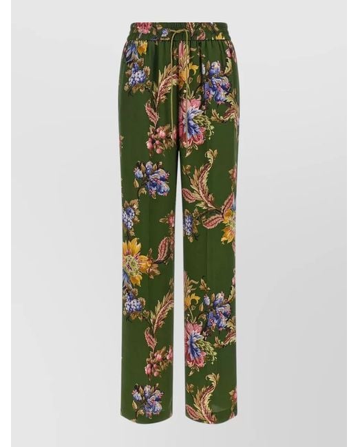 Etro Green Lounge Trousers Floral Motif Elastic Waistband
