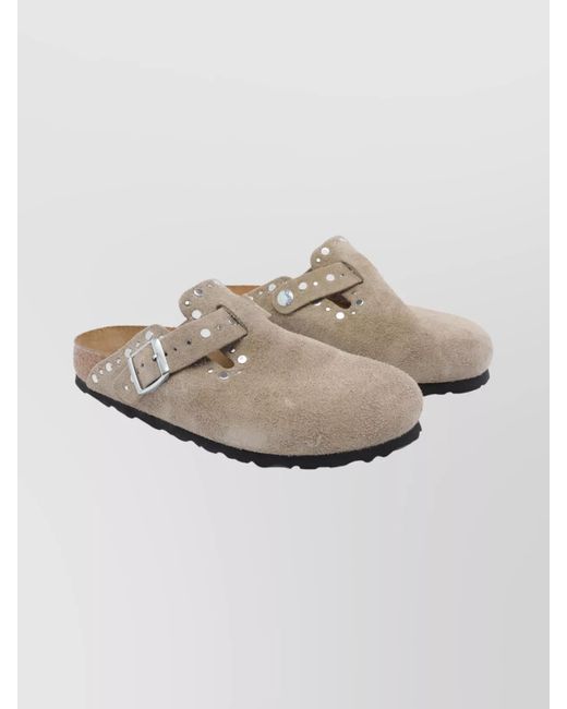 Birkenstock White Suede Mules With Round Toe And Studs