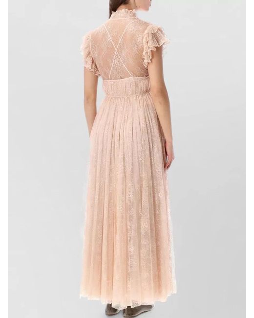 Alberta Ferretti Pink Lace V-Neck Ruched Maxi Dress