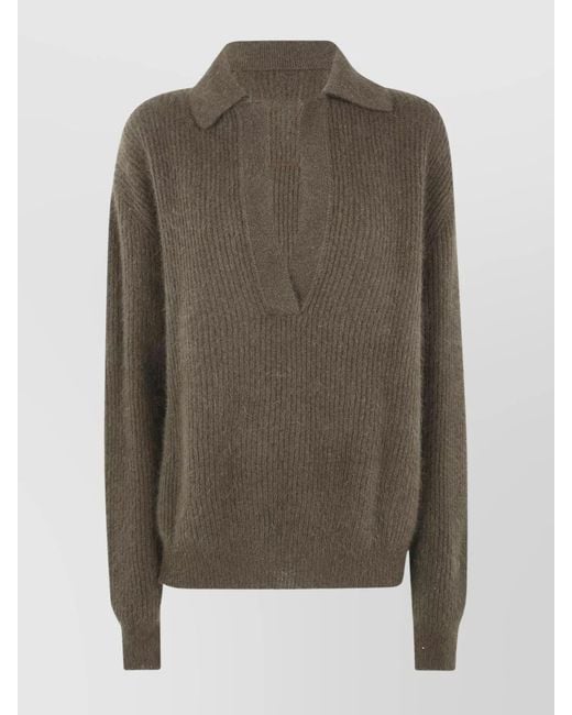 Uma Wang Green Raccoon Fur Ribbed V-Neck Long-Sleeve Sweater
