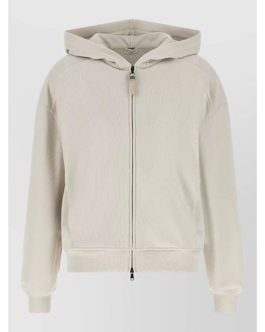 Brunello Cucinelli White Hooded Sweatshirt Raglan Sleeves Cotton Fleece