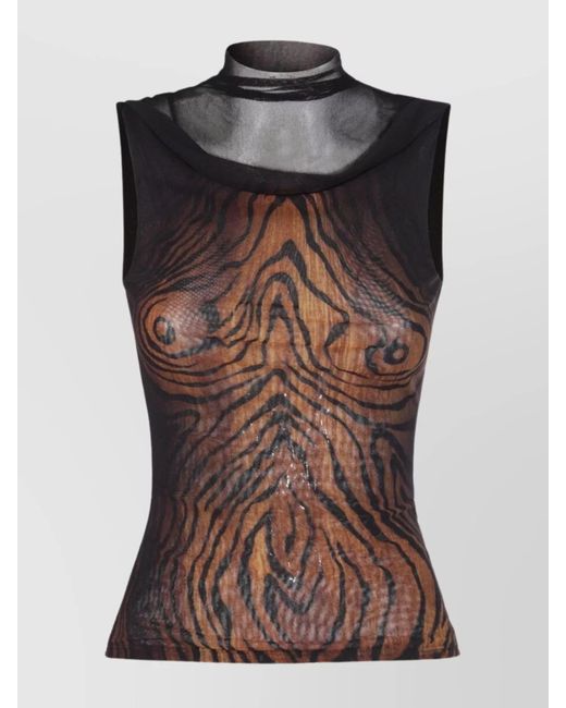 Jean Paul Gaultier Brown Sleeveless Animal Print High Neck Sheer Top
