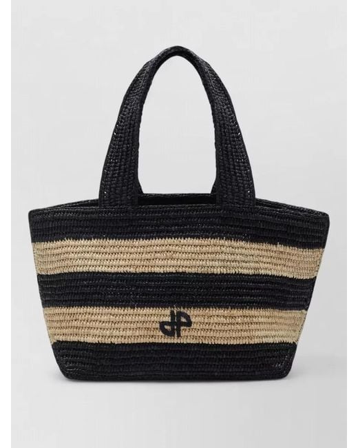 Patou Black Tote Bag Dual Handles Striped Pattern