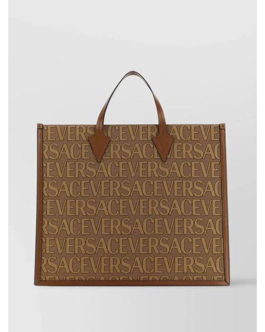 Versace Brown Leather Logo-Jacquard Tote Bag for men