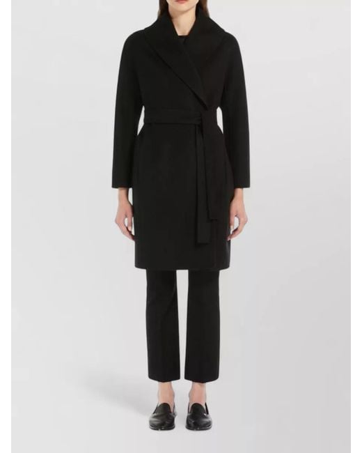 Max Mara Black Belted Long Jacket Shawl Collar Pockets