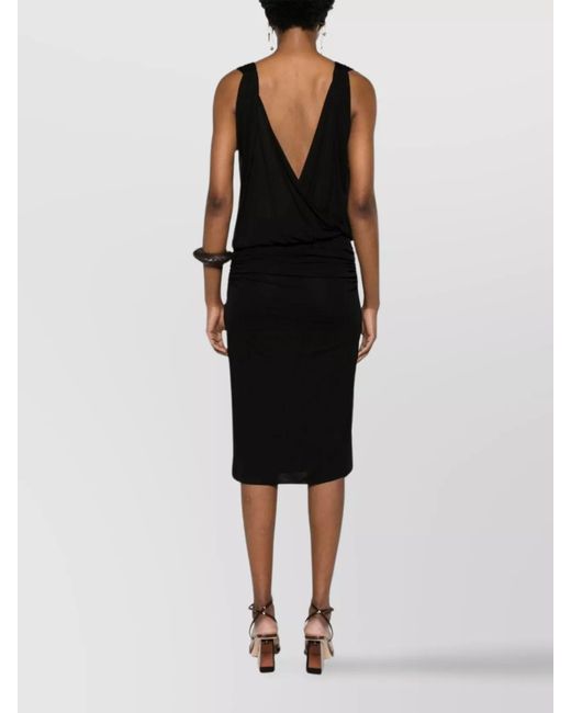 Saint Laurent Black Draped Sleeveless V-Neck Midi Dress