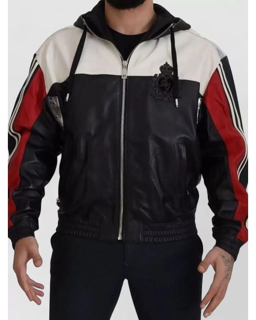 Dolce & Gabbana Black Hooded Leather Blouson Jacket Stripe Detail for men