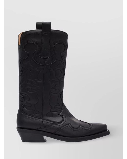 Ganni Black Embroidered Western Mid-Calf Boots