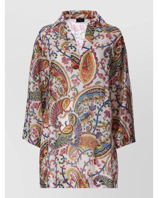 Etro Gray Silk Paisley-Print V-Neck Knee-Length Dress
