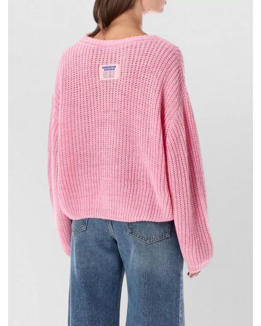 American Vintage Pink Ribbed Cropped Crew Neck Sweater