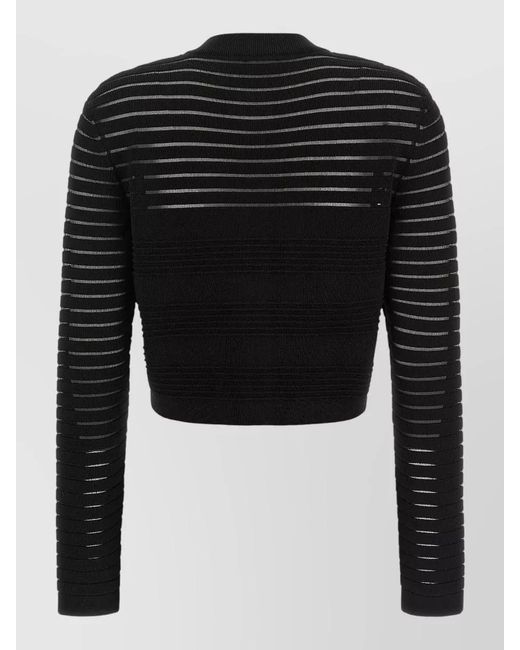 Balmain Black Semi-Sheer Striped Cropped Round-Neck Long-Sleeve Cardigan
