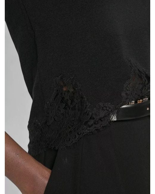 ERMANNO FIRENZE Black Crew Neck Fine Knit Fitted Lace Top