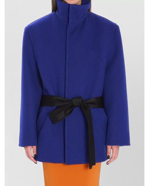 Saint Laurent Blue Wool Belted Single-Breasted Coat