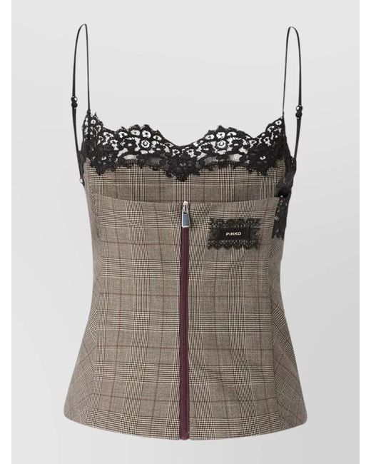 Pinko Gray Checked Lace-Trim Camisole Top