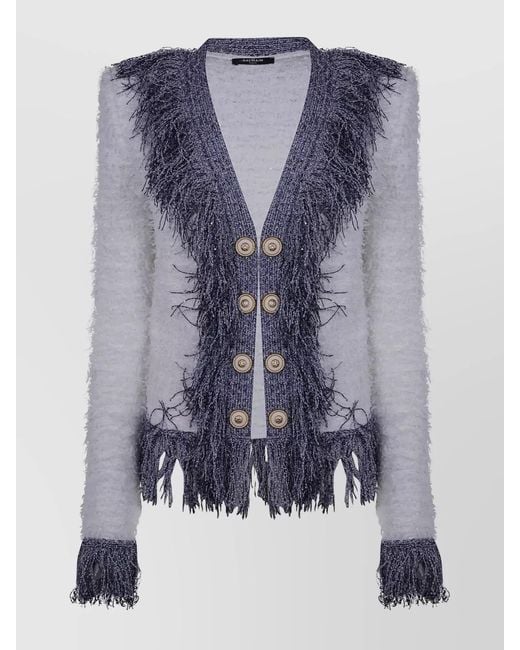 Balmain Blue Glittered Fringed Tweed Jacket