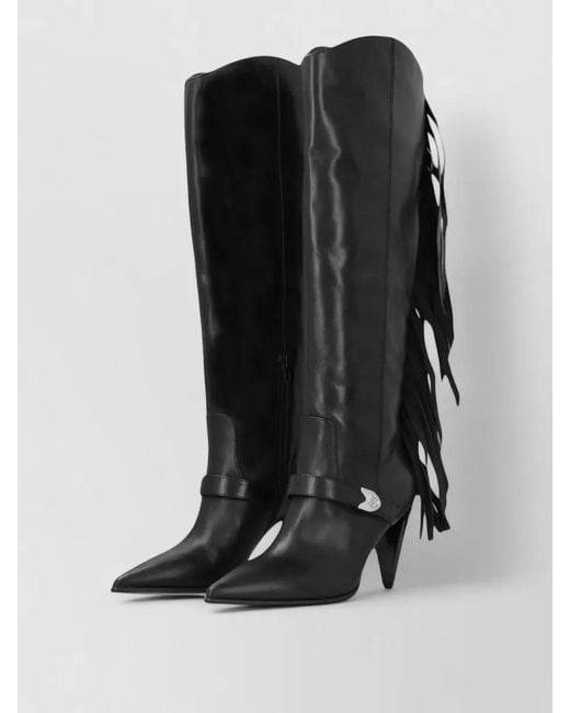 Pinko Black Leather Fringe Ankle Boots