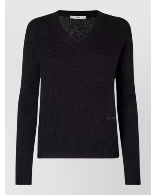 Fendi Black Cashmere Ribbed Slim-Fit V-Neck Long-Sleeve Sweater