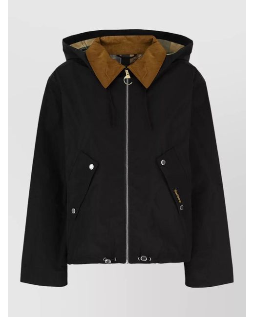 Barbour Black Hooded Polyester Jacket Contrast Collar Pockets