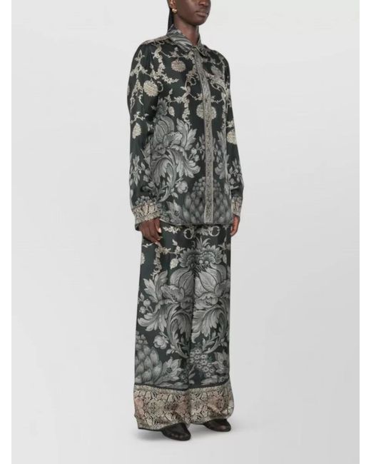 Pierre Louis Mascia Gray Silk Shirt Floral Print Curved Hem