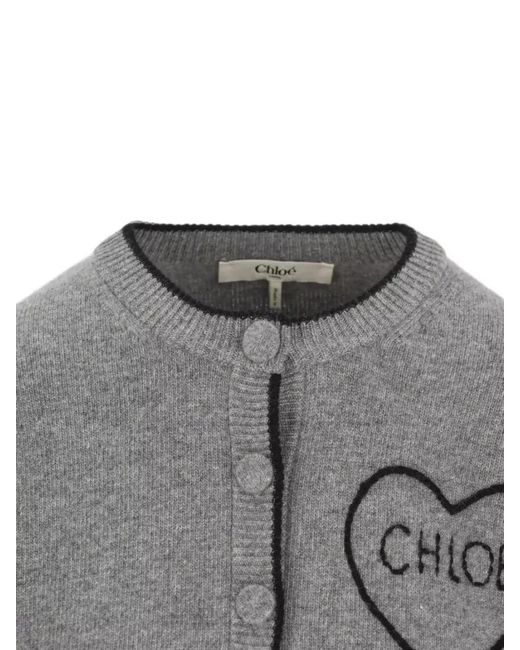Chloé Gray Cashmere Wool Fitted Logo Cardigan