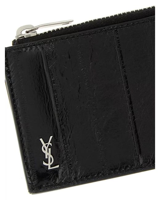 Saint Laurent Black Cassandre Logo Zip Wallet And Cardholder for men