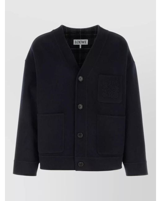 Loewe Blue Wool Blend Cardigan Patch Pockets Ribbed Cuffs for men