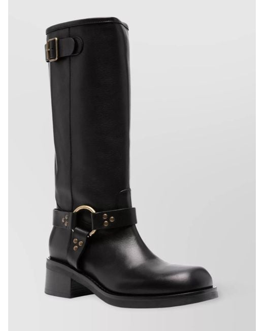 P.A.R.O.S.H. Black Leather Stud Detail Calf-Length Block Heel Boots