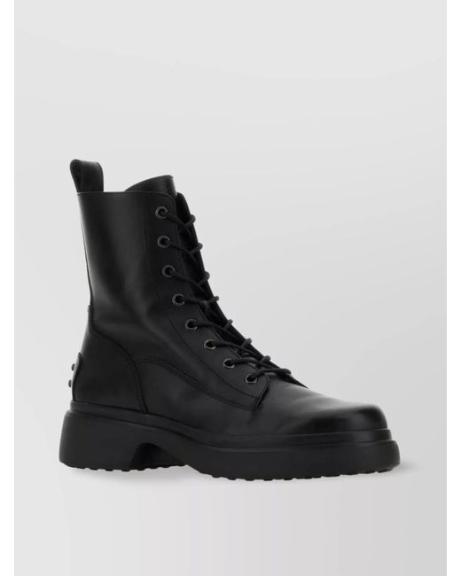 Tod's Black Leather Lace-Up Ankle Combat Boots