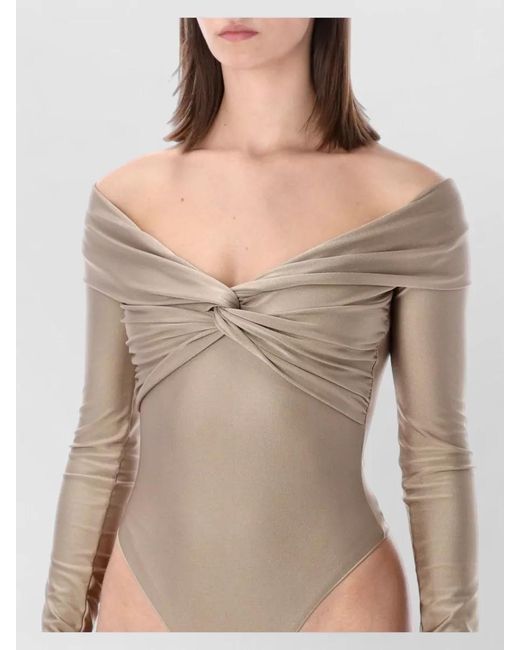 ANDAMANE Blue Off-Shoulder Draped Knot Long-Sleeve Bodysuit