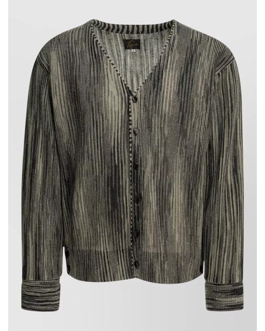 Needles Green Cardigan Jacket Long Sleeves Striped Pattern V Neckline for men