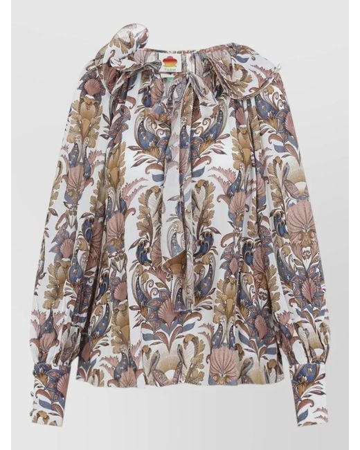 Farm Rio White Blouse Floral Print Bow Detail Long Sleeves