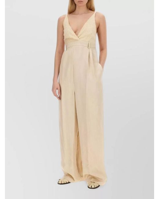 Alysi Natural Satin Jumpsuit Lace Bodice Wide Leg