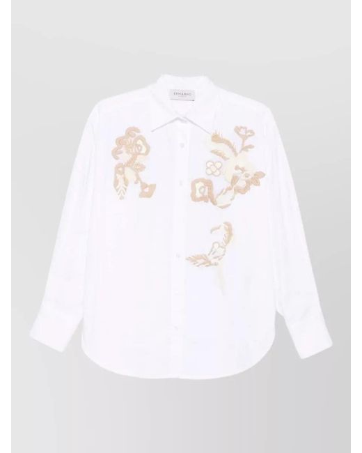 ERMANNO FIRENZE White Floral Embroidery Shirt Relaxed Fit Curved Hem