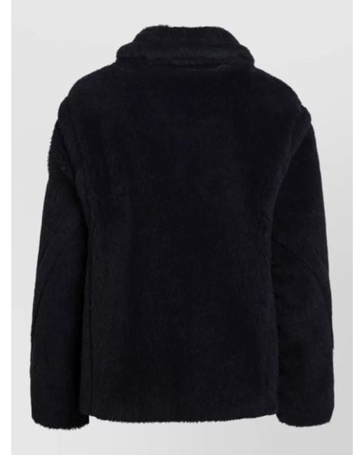 Max Mara Black Collared Jacket Faux Fur Texture Pockets
