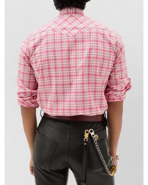 Versace Pink Cotton Slim Checked Shirt for men