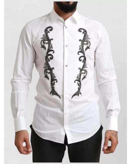 Dolce & Gabbana White Tuxedo Baroque Shirt Slim Fit Embroidered for men