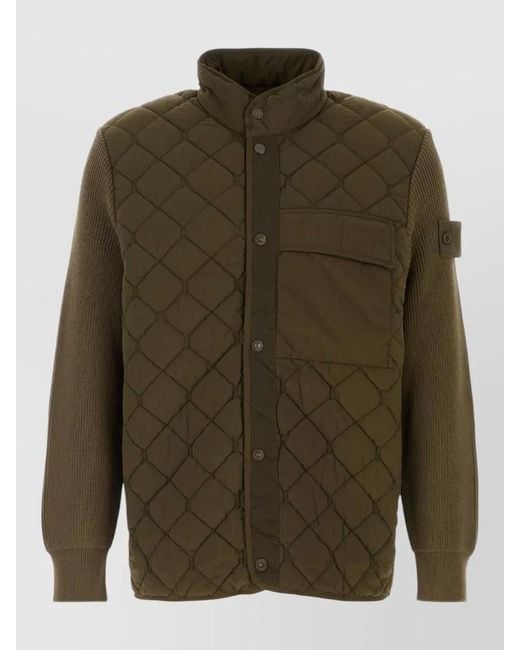 Stone Island Green Quilted Nylon Jacket Front Pocket Collar for men