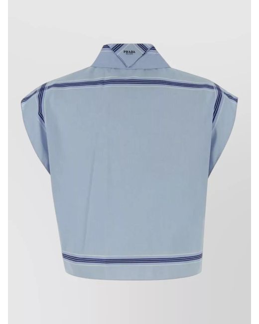 Prada Blue Cropped Collared Top Striped Pattern