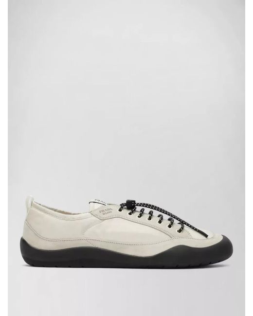 Prada White Sneakers Rubber Sole Pull Tab Design for men