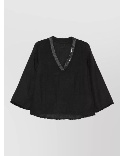 120% Lino Black Blouse V Neckline Frayed Hem Sequins Sleeves