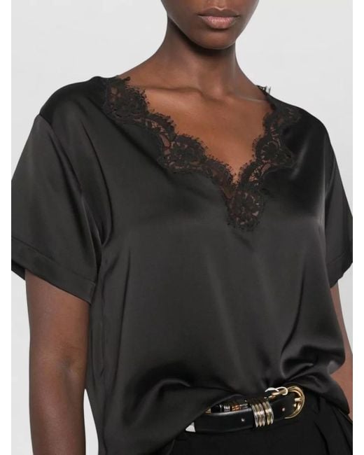 ERMANNO FIRENZE Black Satin Loungewear Top Short Sleeve Belt