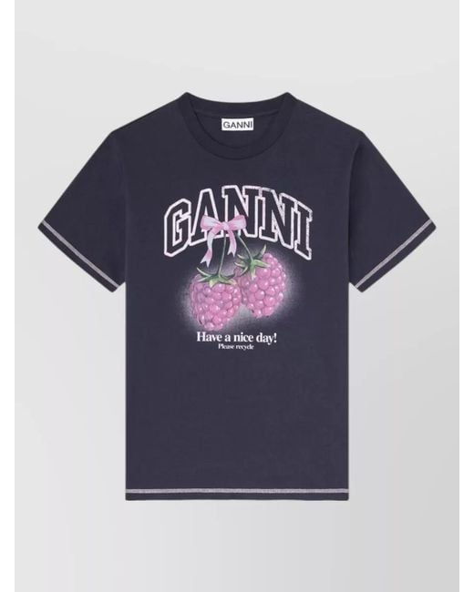 Ganni Blue Cotton T Shirt Graphic Crew Neck