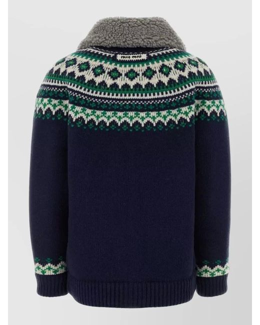 Miu Miu Blue Wool And Fleece Cardigan With Zipper