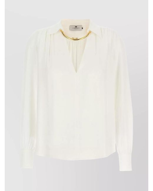 Elisabetta Franchi White Pleated Shoulder Long Sleeve Shirt With Hardware