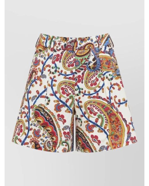 Etro White Paisley High Waist Pleated Wide Leg Shorts