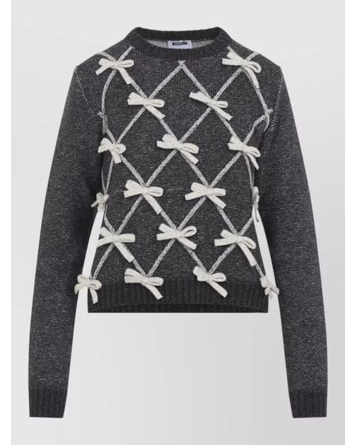 Moschino Gray Ribbon Lattice Bow Crew Knit Sweater