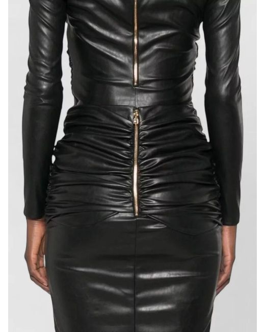 Elisabetta Franchi Black Faux-Leather Twist-Detail V-Neck Long-Sleeve Bodysuit