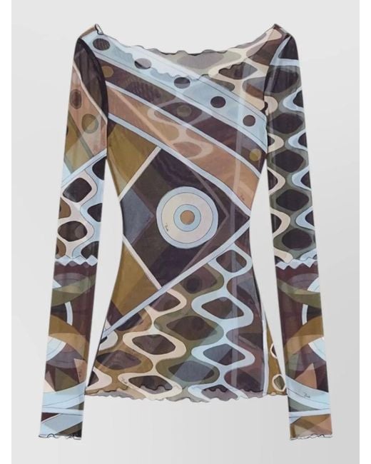 Emilio Pucci Gray Tulle Boatneck Top Long Sleeves Print